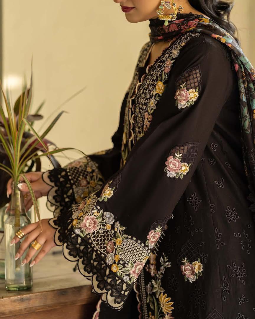 HUSSAIN REHAR-3PC LAWN EMBROIDERED SHIRT WITH CHIFFON PRINTED DUPATTA AND TROUSER-DPC-4702