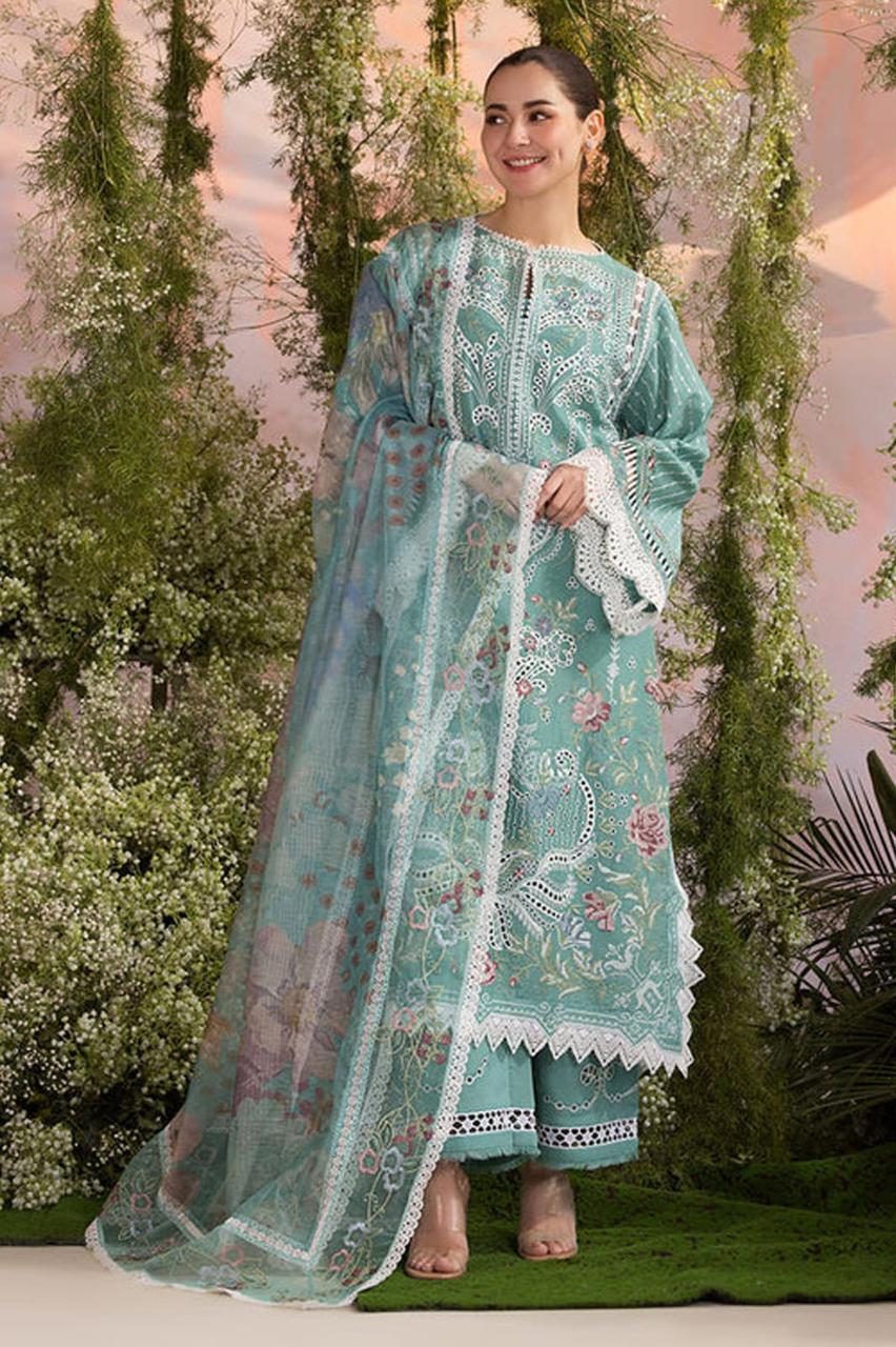SOBIA NAZIR-3PC LAWN CHIKAN EMBROIDERED SHIRT WITH CHIFFON EMBROIDERED PRINTED DUPATTA AND EMB TROUSER -DPC-4708