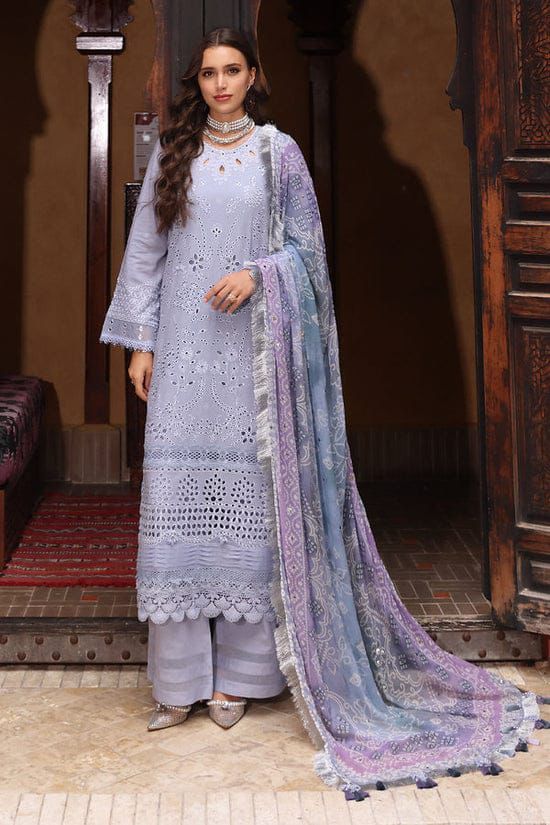 ‎NUREH-3PC LAWN CHIKANKAARI EMBROIDERED SHIRT WITH CHIFFON PRINTED DUPATTA AND TRPUSER-DPC-4553