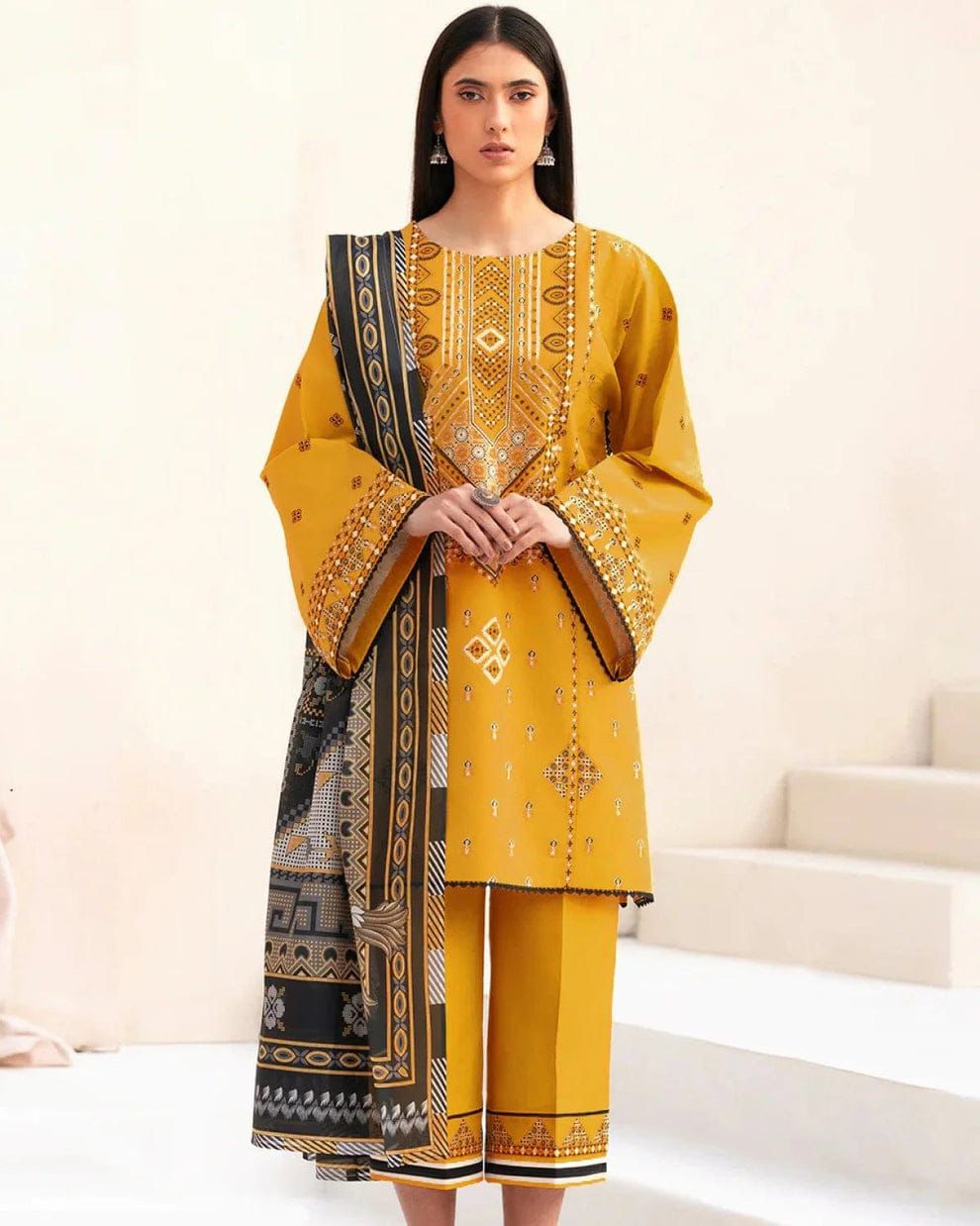 BIN ILYAS- 3PC LAWN EMBROIDERED SHIRT WITH DIGITAL MONAR DUPATTA AND TROUSER-DPC-3589