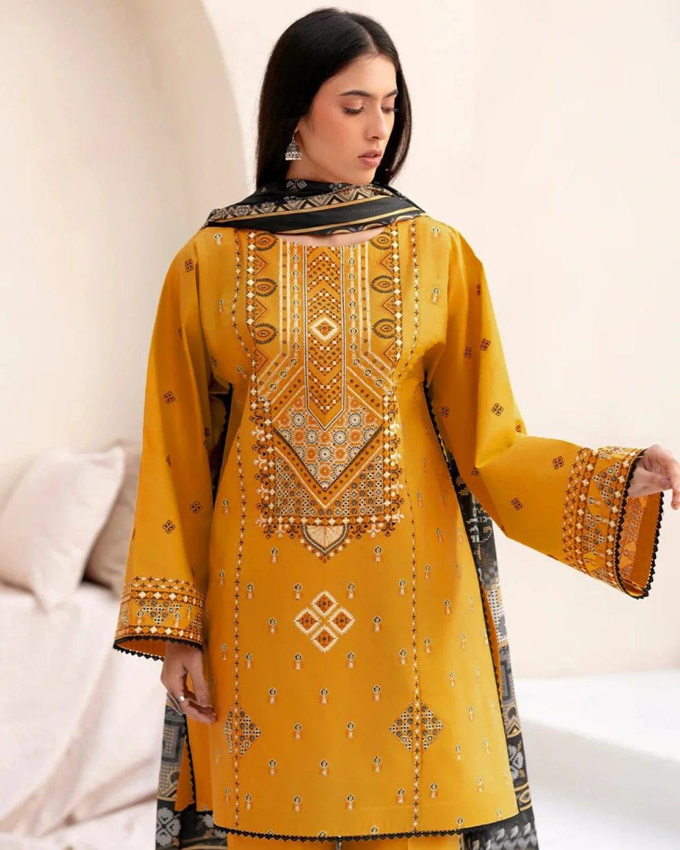 BIN ILYAS- 3PC LAWN EMBROIDERED SHIRT WITH DIGITAL MONAR DUPATTA AND TROUSER-DPC-3589