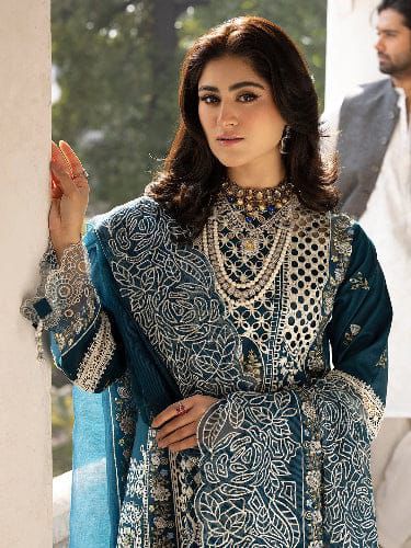 MAHNUR- 3PC LAWN HEAVY EMBROIDERED SHIRT WITH KHADDI NET EMBROIDERED DUPATTA AND TROUSER-DPC-3643