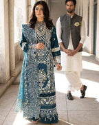 MAHNUR- 3PC LAWN HEAVY EMBROIDERED SHIRT WITH KHADDI NET EMBROIDERED DUPATTA AND TROUSER-DPC-3643