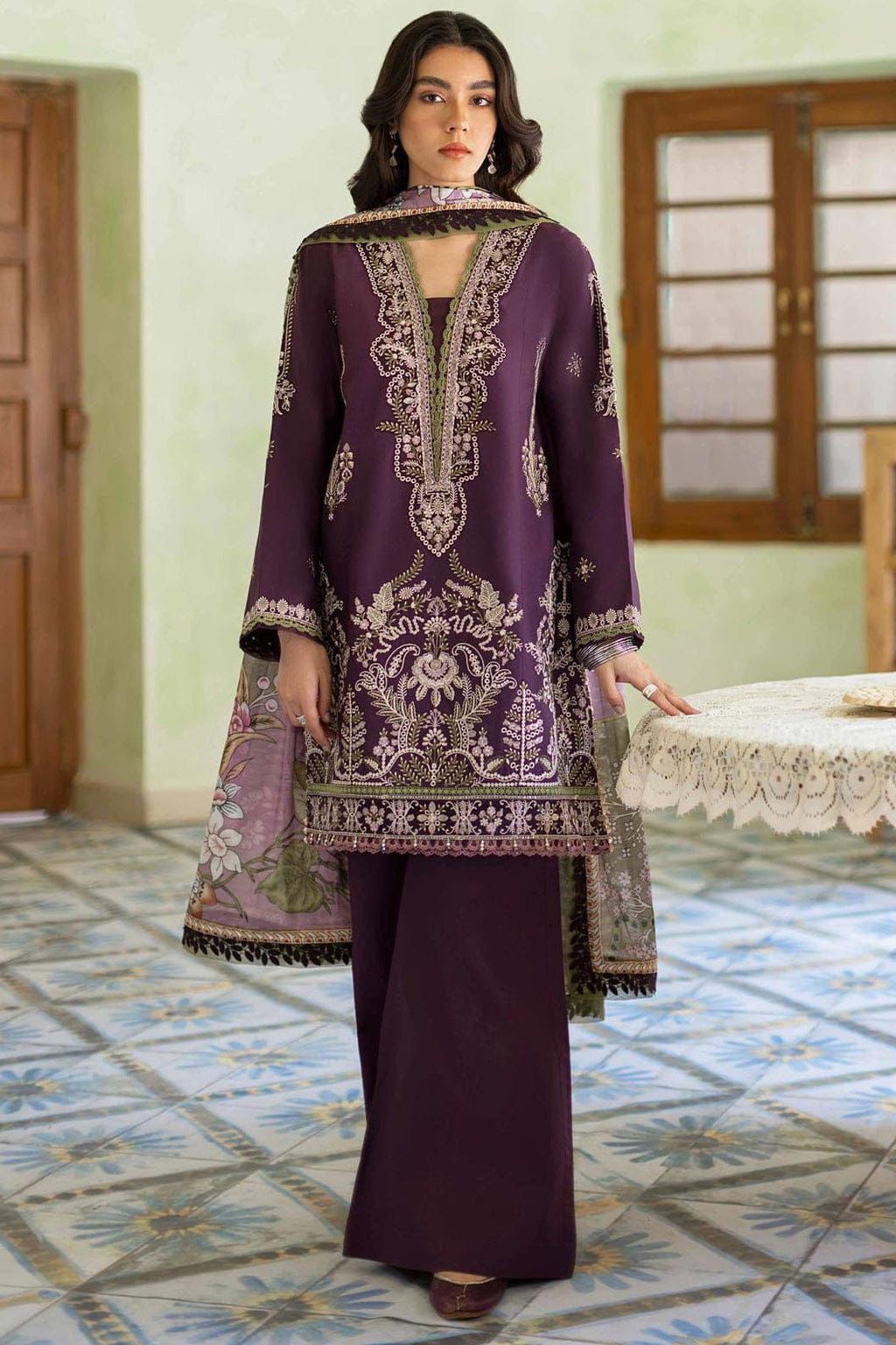 JAZMIN-3PC LAWN EMBROIDERED SHIRT WITH CHIFFON PRINTED DUPATTA AND TROUSER-DPC-4631