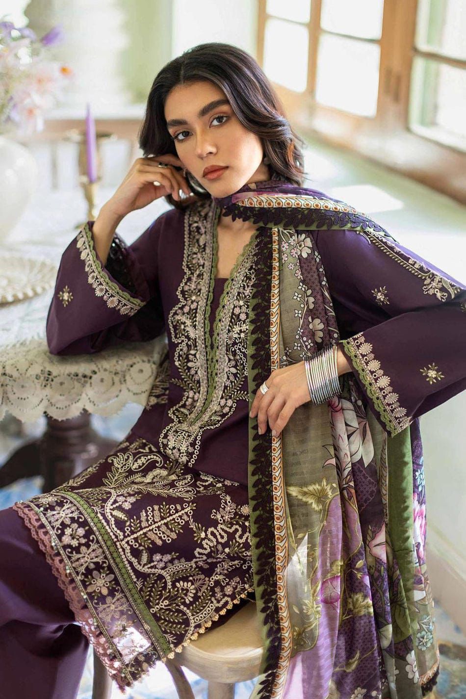 JAZMIN-3PC LAWN EMBROIDERED SHIRT WITH CHIFFON PRINTED DUPATTA AND TROUSER-DPC-4631