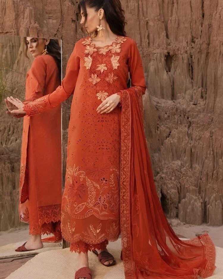 RANG RASIYA-3PC LAWN CHIKANKARI EMB SHIRT WITH ORGANZA EMB DUPATTA AND EMB TROUSER-DPC-4520