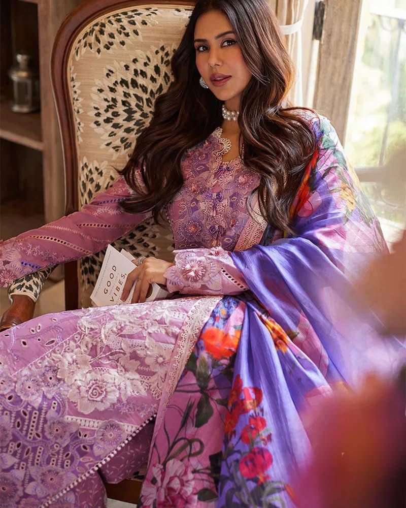 MUSHQ- 3PC LAWN EMBROIDERED SHIRT WITH PRINTED CHIFFON DUPATTA AND TROUSER-DPC-3993