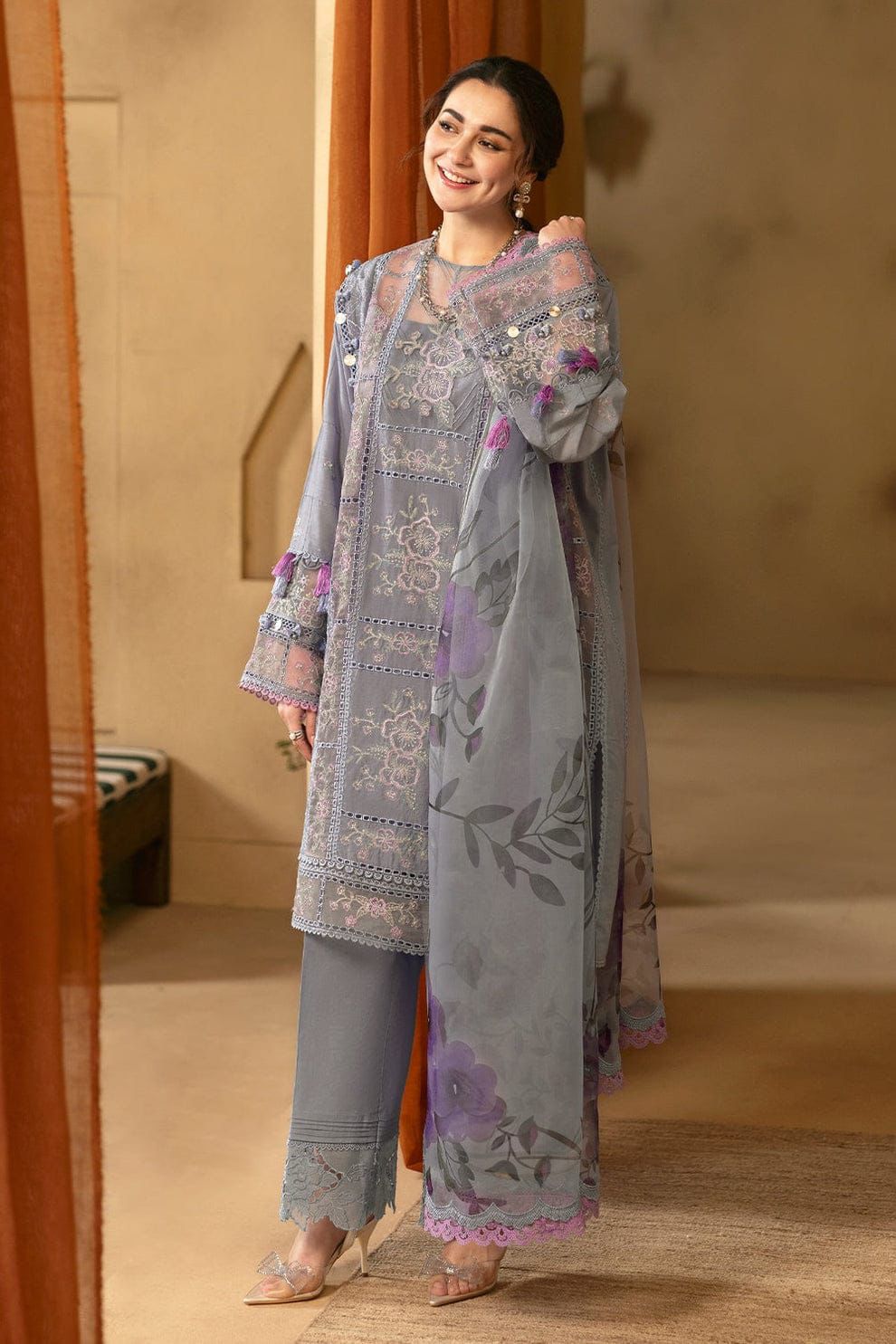 SAIRA RIZWAN - 3PC LAWN EMBROIDERED SHIRT WITH PRINTED CHIFFON DUPATTA AND TROUSER-DPC-4657
