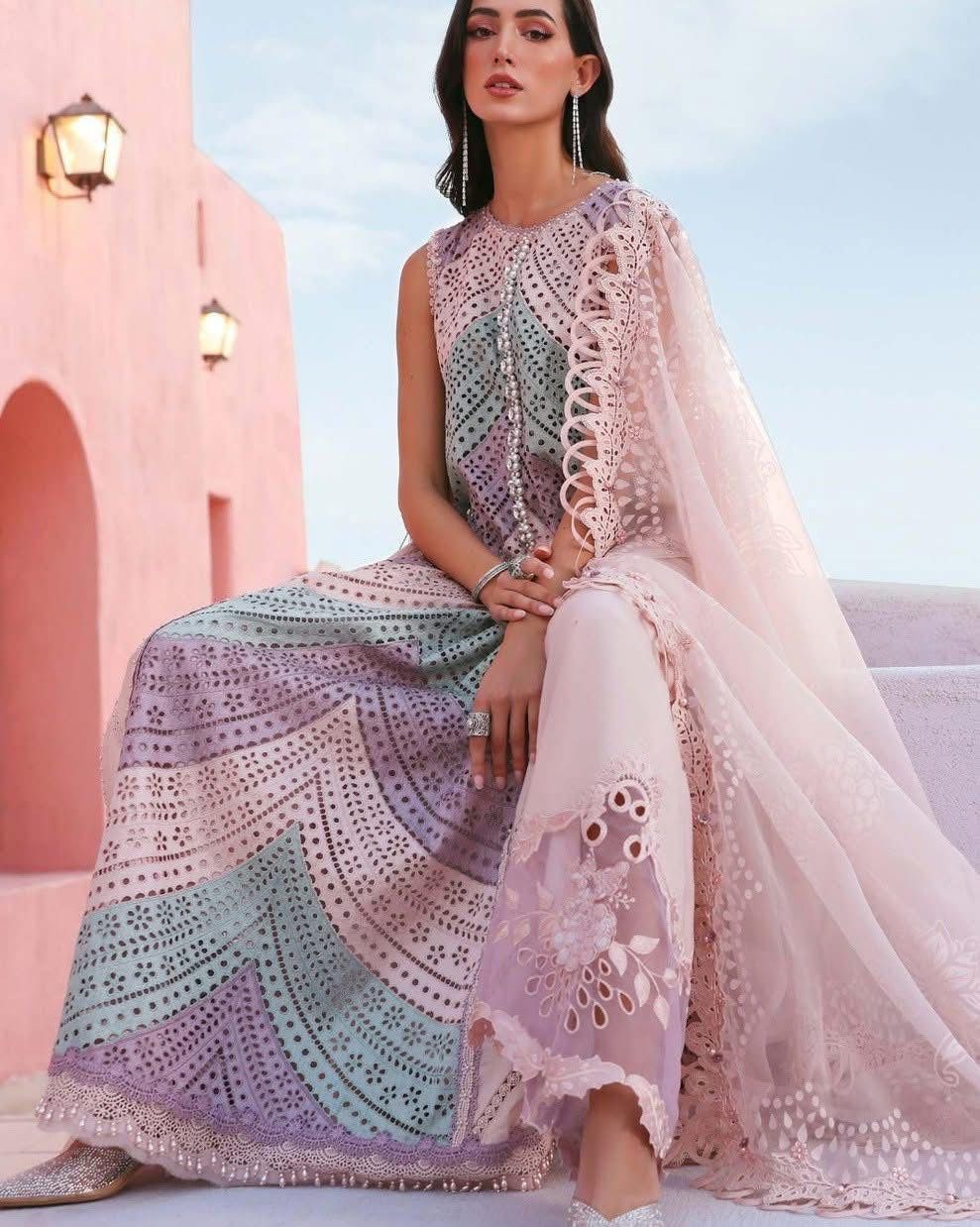 MARIA B- 3PC LAWN HEAVY EMBROIDERED SHIRT WITH PRINTED CHIFFON  DUPATTA AND TROUSER-DPC-4322