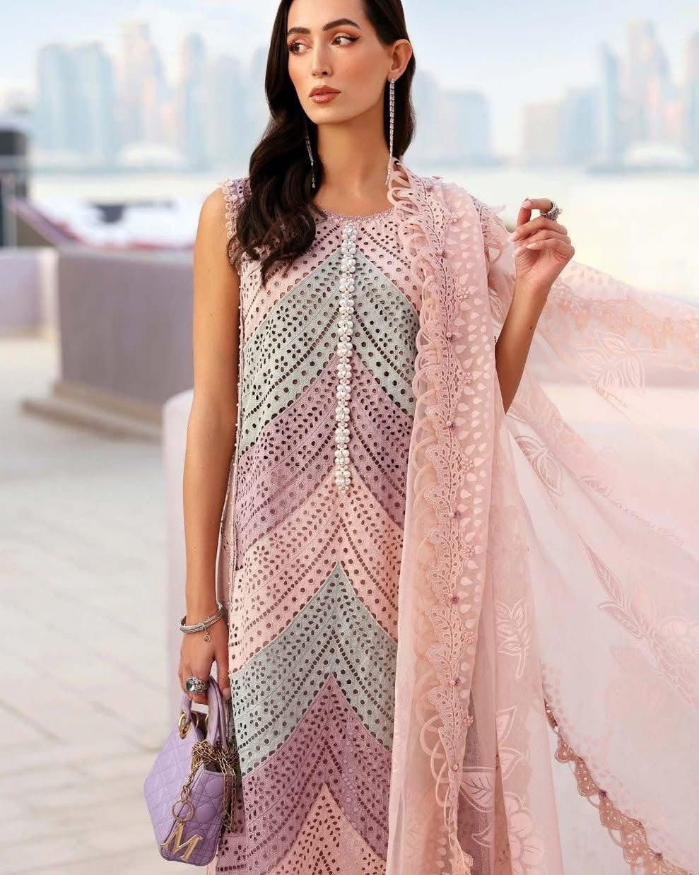 MARIA B- 3PC LAWN HEAVY EMBROIDERED SHIRT WITH PRINTED CHIFFON  DUPATTA AND TROUSER-DPC-4322