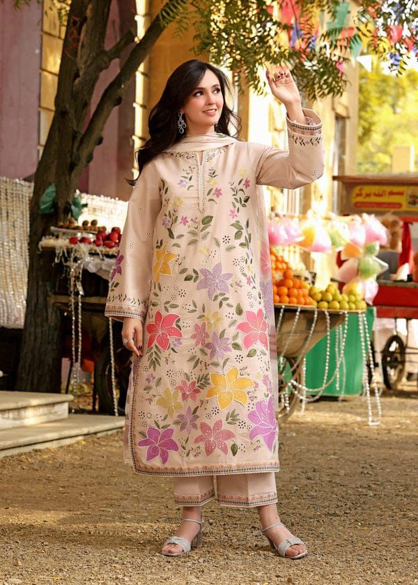 ANEELAS- 3PC LAWN HEAVY EMBROIDERED SHIRT WITH PRINTED CHIFFON  DUPATTA AND TROUSER-DPC-4244