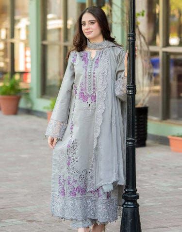 LIBAAS- 3PC CHIKANKARI LAWN EMBROIDERED SHIRT WITH CHIFFON EMBROIDERED DUPATTA AND TROUSER-DPC-3471