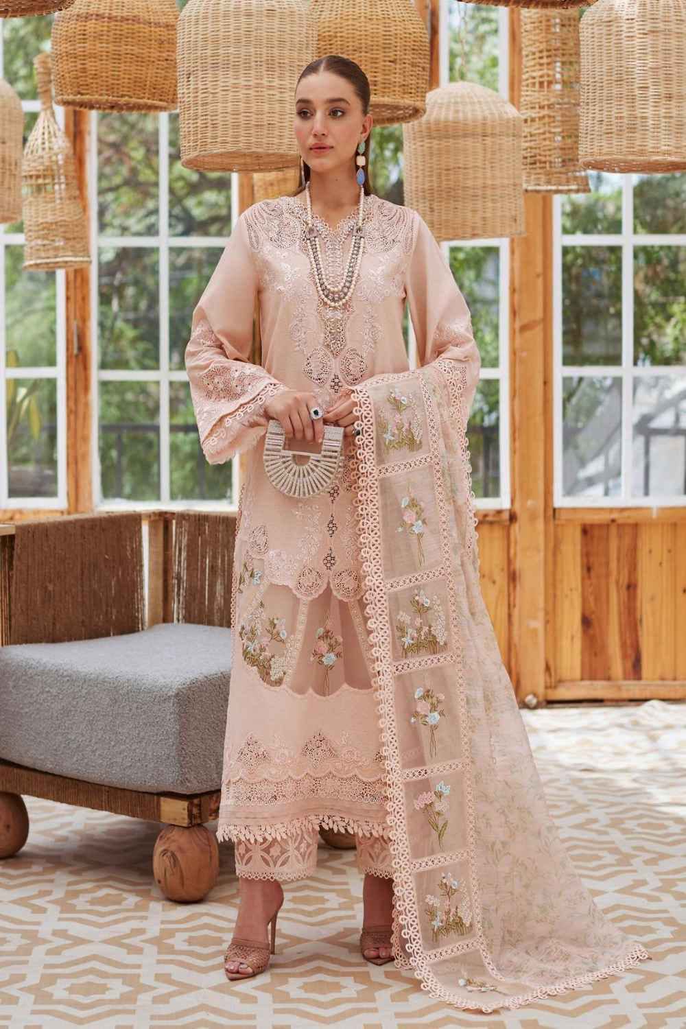 CRIMSON-3PC DHANAK LASER WORK EMBROIDERED SHIRT WITH MONARK PRINTED EMB DUPATTA & TROUSER-166