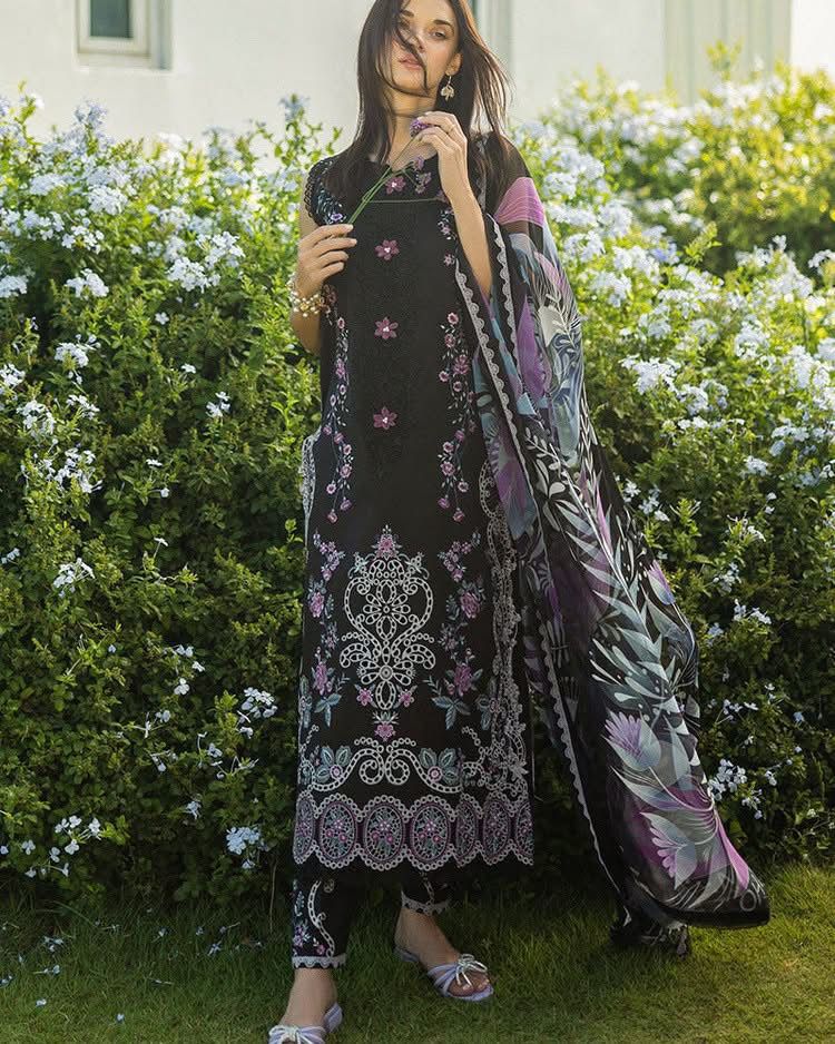 MUSHQ-3PC LAWN EMBROIDERED SHIRT WITH CHIFFON PRINTED DUPATTA & TROUSER-DPC-4632