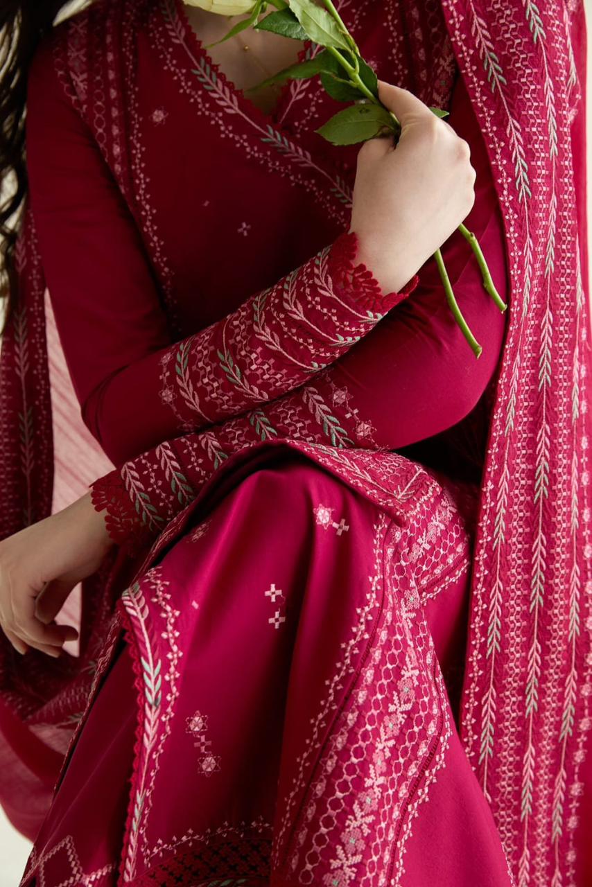 ZAIB-3PC LAWN EMBROIDERED SHIRT WITH KHADDI NET EMBROIDERED DUPATTA AND TROUSER-DPC-4779