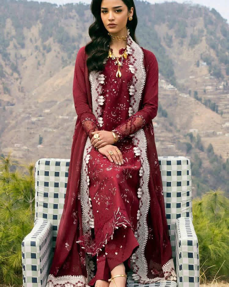 QALAMQAR-3PC LAWN EMBROIDERED SHIRT WITH KHAADI NET EMBROIDERED DUPATTA AND EMB TROUSER-DPC-4695