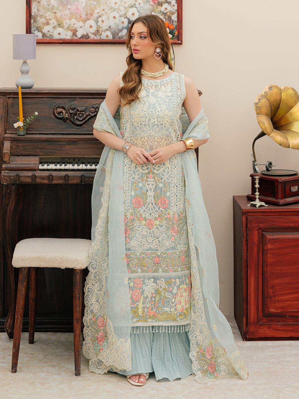 MAHNUR-3PC LAWN CHIKANKAARI EMBROIDERED SHIRT WITH KHAADI NET EMBROIDERED DUPATTA AND TROUSER -DPC-4749