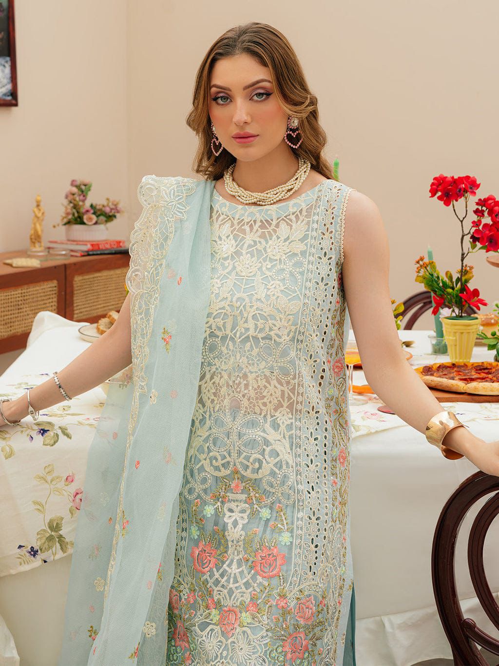 MAHNUR-3PC LAWN CHIKANKAARI EMBROIDERED SHIRT WITH KHAADI NET EMBROIDERED DUPATTA AND TROUSER -DPC-4749