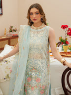 MAHNUR-3PC LAWN CHIKANKAARI EMBROIDERED SHIRT WITH KHAADI NET EMBROIDERED DUPATTA AND TROUSER -DPC-4749