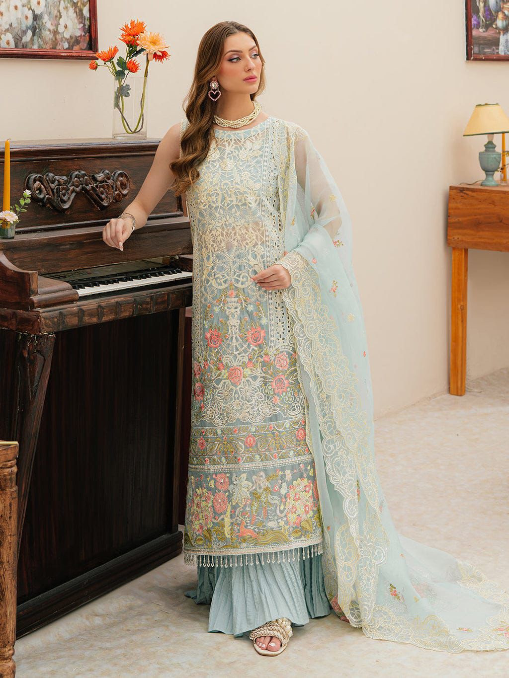 MAHNUR-3PC LAWN CHIKANKAARI EMBROIDERED SHIRT WITH KHAADI NET EMBROIDERED DUPATTA AND TROUSER -DPC-4749