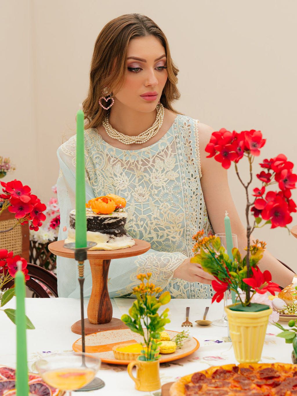 MAHNUR-3PC LAWN CHIKANKAARI EMBROIDERED SHIRT WITH KHAADI NET EMBROIDERED DUPATTA AND TROUSER -DPC-4749