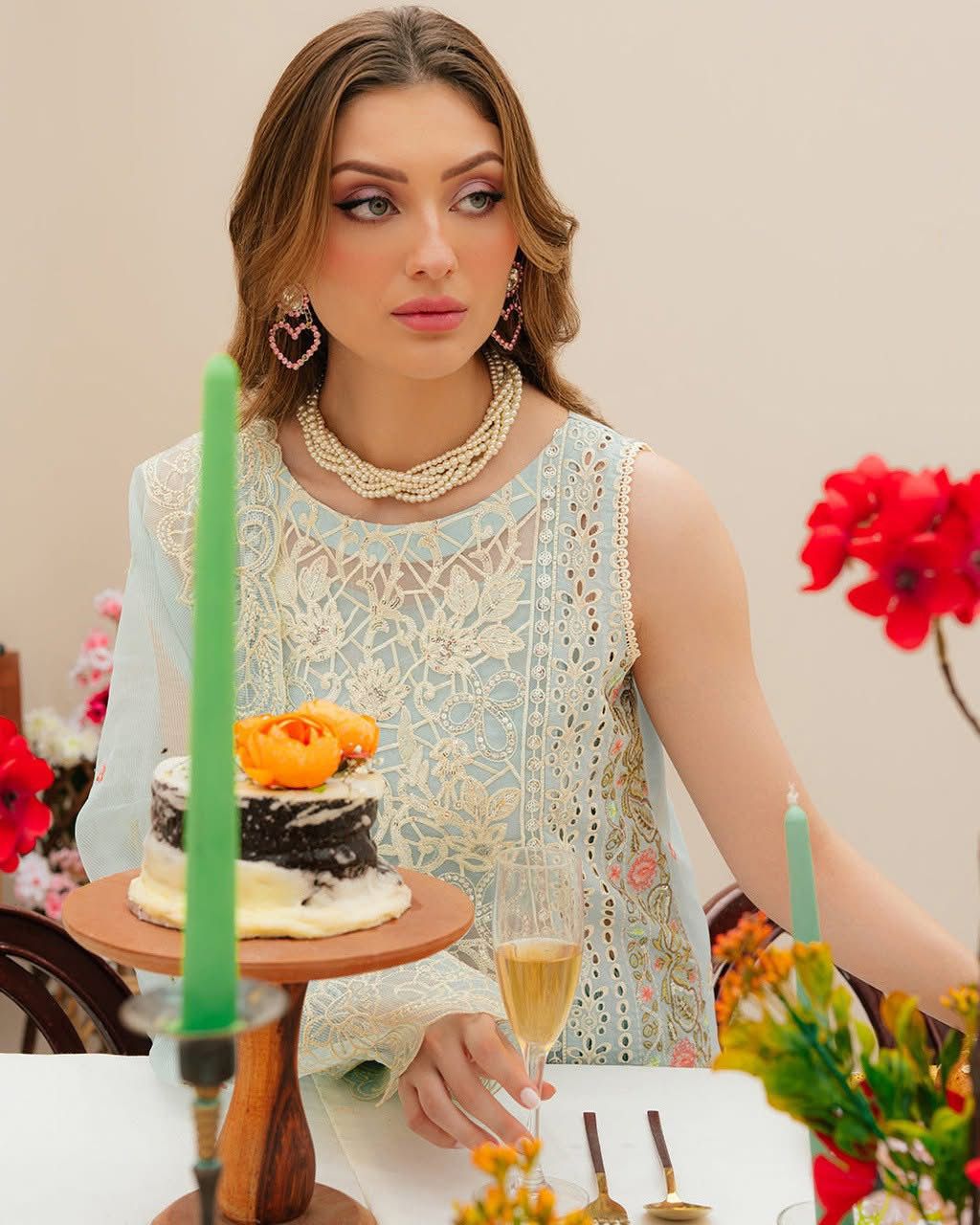 MAHNUR-3PC LAWN CHIKANKAARI EMBROIDERED SHIRT WITH KHAADI NET EMBROIDERED DUPATTA AND TROUSER -DPC-4749