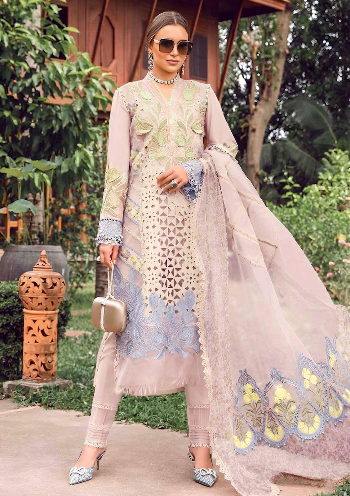 MARIA.B-3PC LAWN EMBROIDERED SHIRT WITH EMBROIDERED ORGANZA DAMAN CHIFFON PRINTED EMB DUPATTA AND EMB TROUSER-DPC-4711