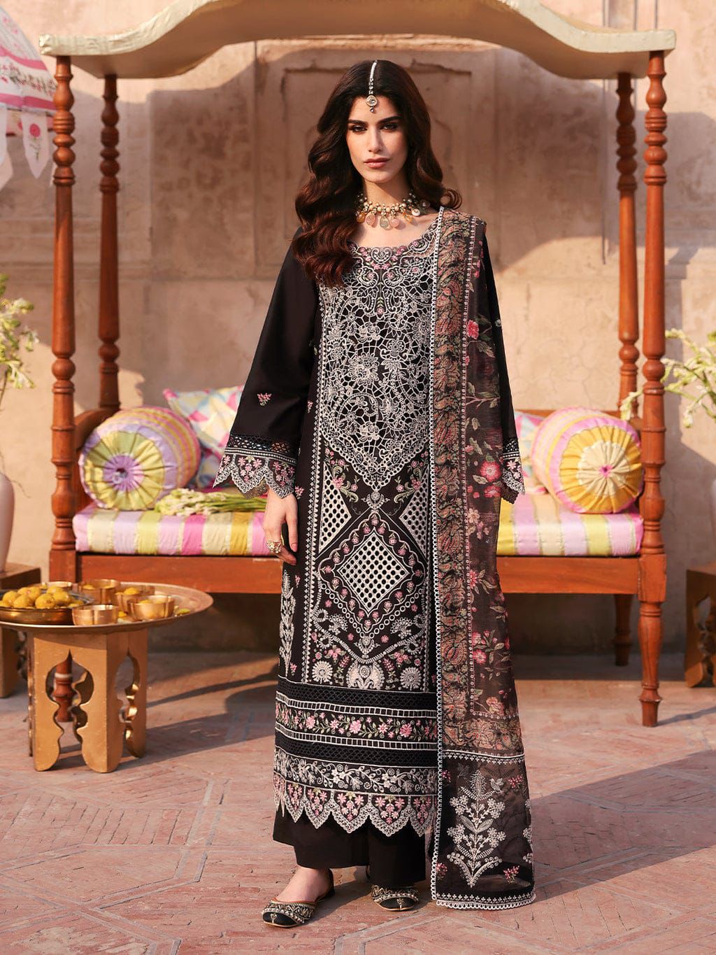 MAHNUR-3PC LAWN LASER WORK EMBROIDERED SHIRT WITH CHIFFON PRINTED EMBROIDERED DUPATTA AND TROUSER-DPC-4772