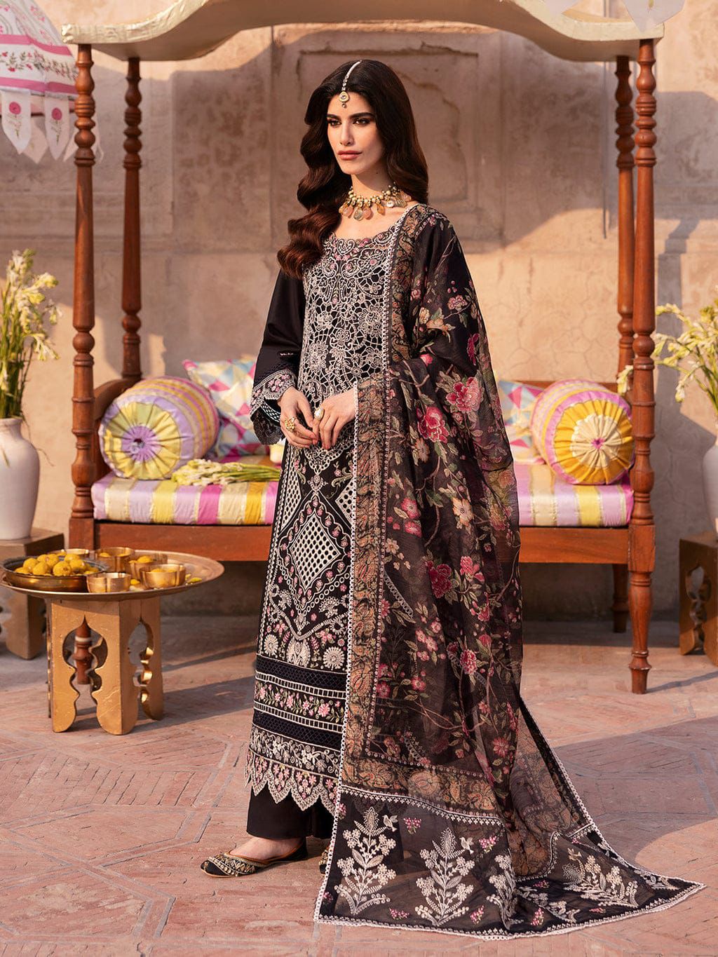 MAHNUR-3PC LAWN LASER WORK EMBROIDERED SHIRT WITH CHIFFON PRINTED EMBROIDERED DUPATTA AND TROUSER-DPC-4772
