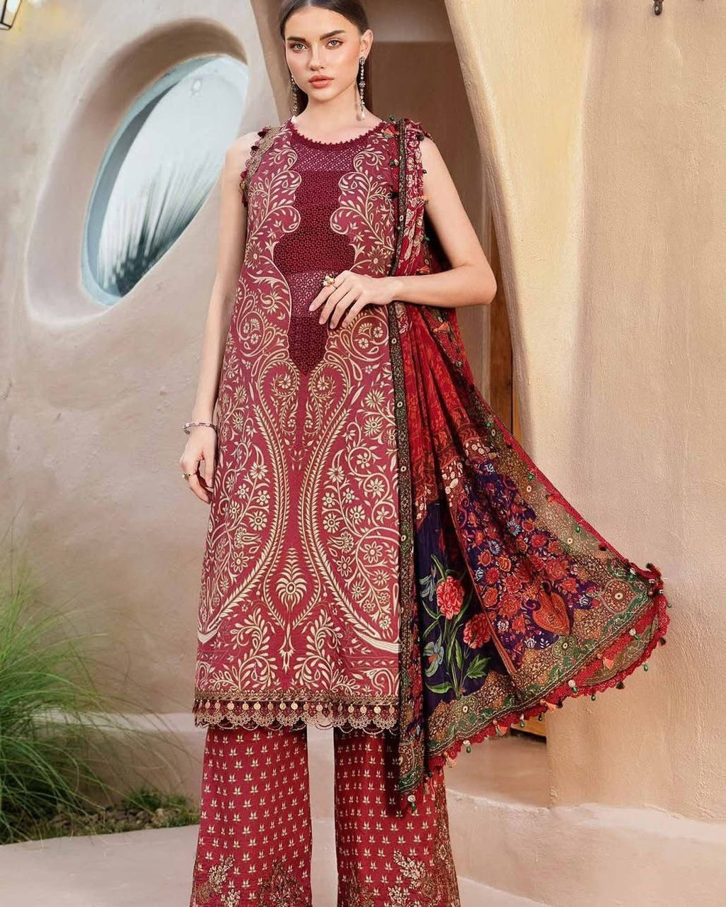 MARIA.B-3PC LAWN EMBROIDERED PRINTED SHIRT WITH CHIFFON PRINT DUPATTA AND PRINT TROUSER-DPC-2518