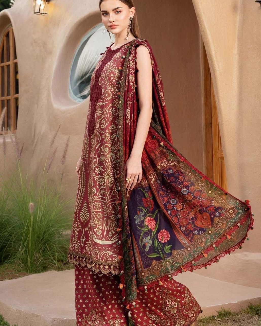 MARIA.B-3PC LAWN EMBROIDERED PRINTED SHIRT WITH CHIFFON PRINT DUPATTA AND PRINT TROUSER-DPC-2518