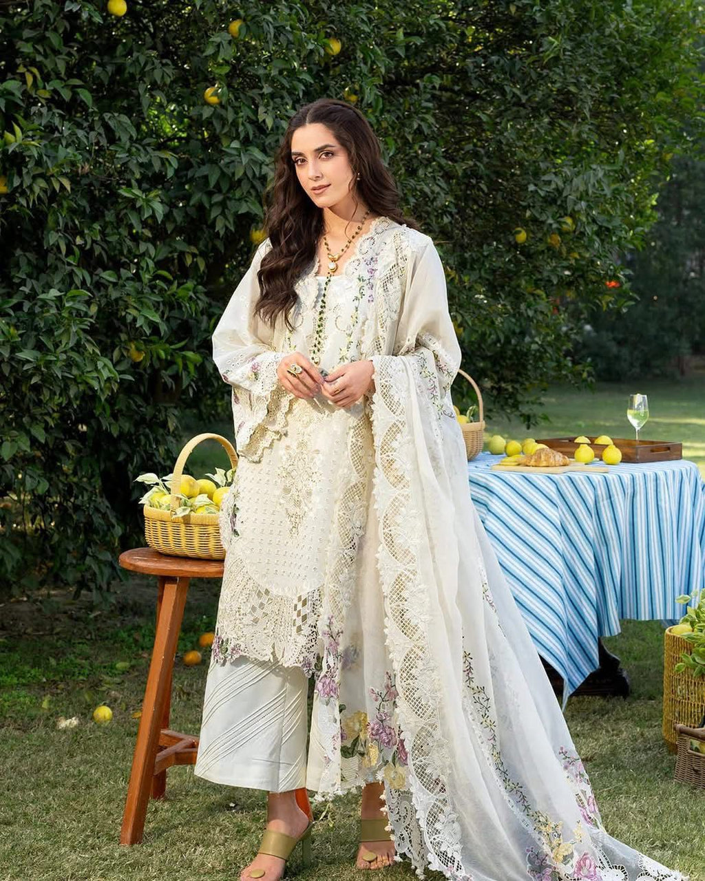 ELAF- 3PC LAWN Chikankari EMBROIDERED SHIRT WITH KHADDI NET EMBROIDERED DUPATTA AND TROUSER-DPC-2247