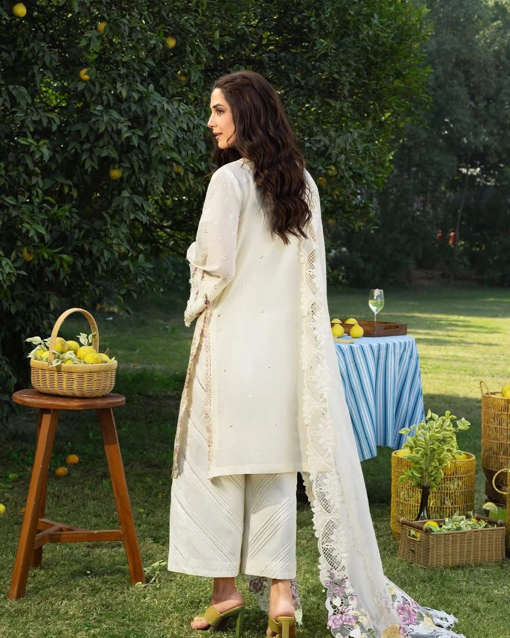 ELAF- 3PC LAWN Chikankari EMBROIDERED SHIRT WITH KHADDI NET EMBROIDERED DUPATTA AND TROUSER-DPC-2247