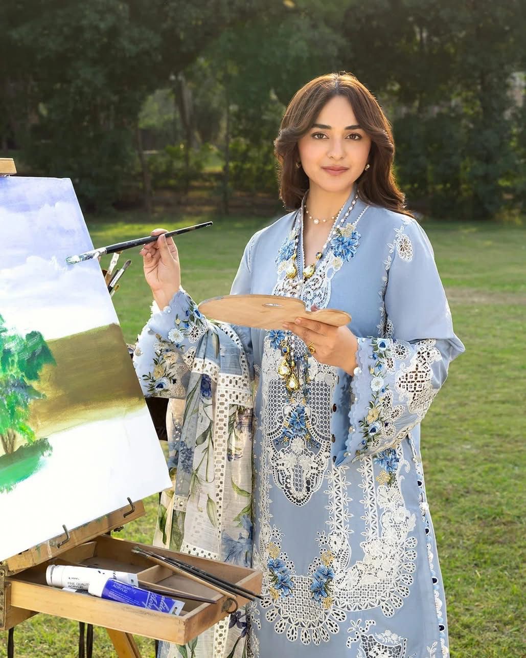 ELAF- 3PC LAWN Chikankari EMBROIDERED SHIRT WITH KHADDI NET EMBROIDERED DUPATTA AND TROUSER-DPC-2241