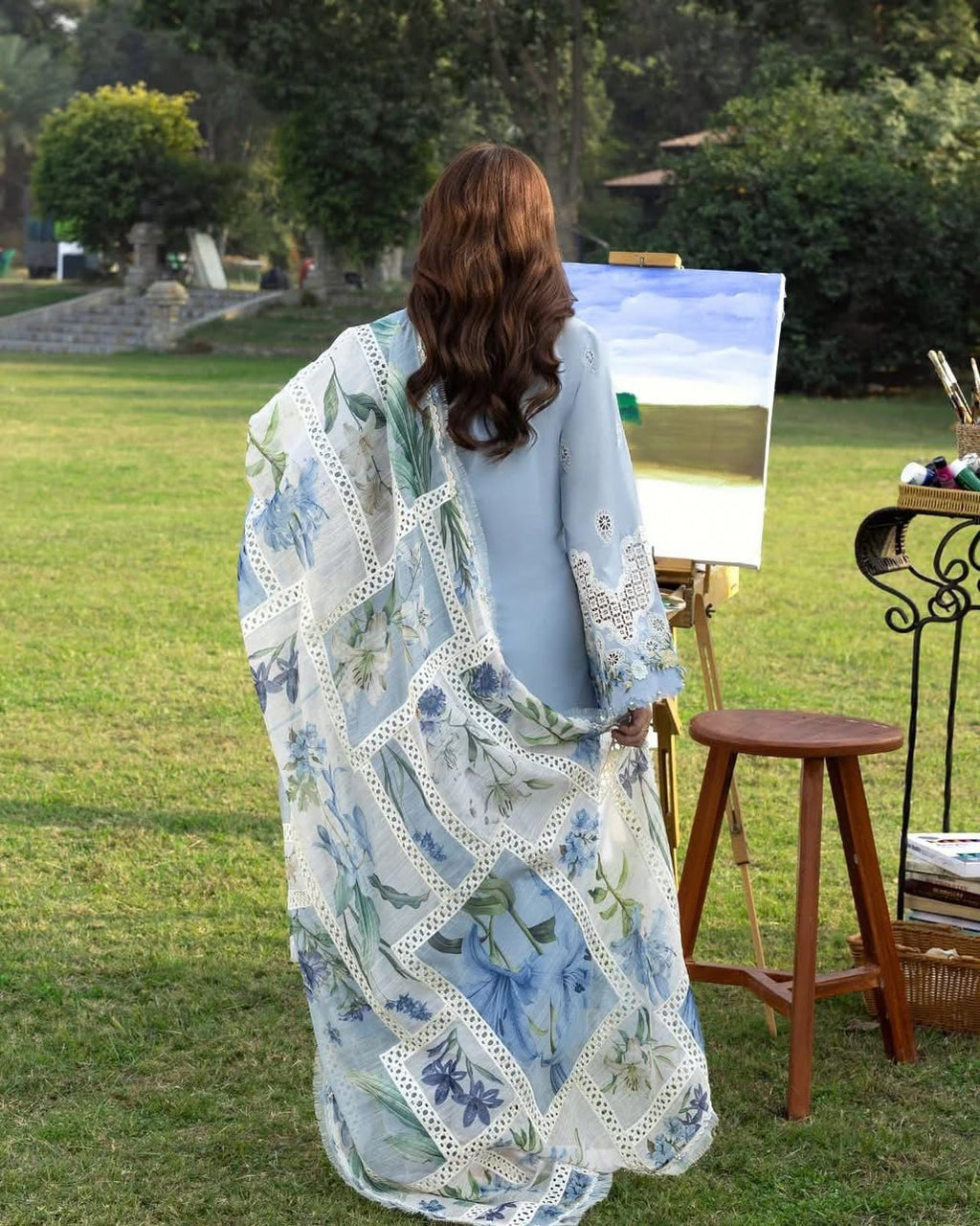 ELAF- 3PC LAWN Chikankari EMBROIDERED SHIRT WITH KHADDI NET EMBROIDERED DUPATTA AND TROUSER-DPC-2241