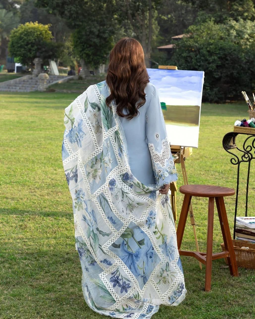 ELAF- 3PC LAWN Chikankari EMBROIDERED SHIRT WITH KHADDI NET EMBROIDERED DUPATTA AND TROUSER-DPC-2241