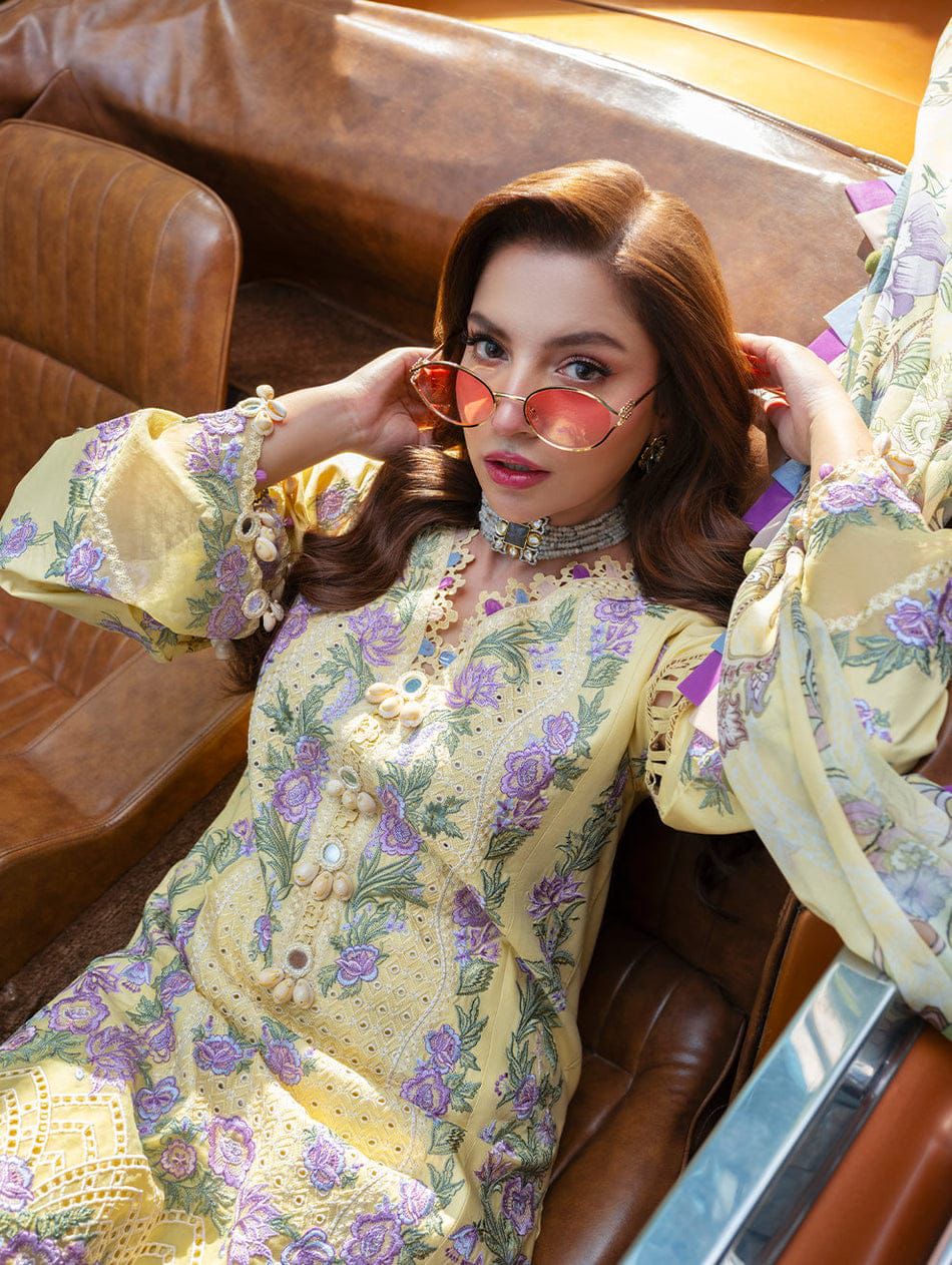 JADE-3PC LAWN CHIKANKAARI EMBROIDERED SHIRT WITH CHIFFON PRINT DUPATTA AND TROUSER-DPC-4776