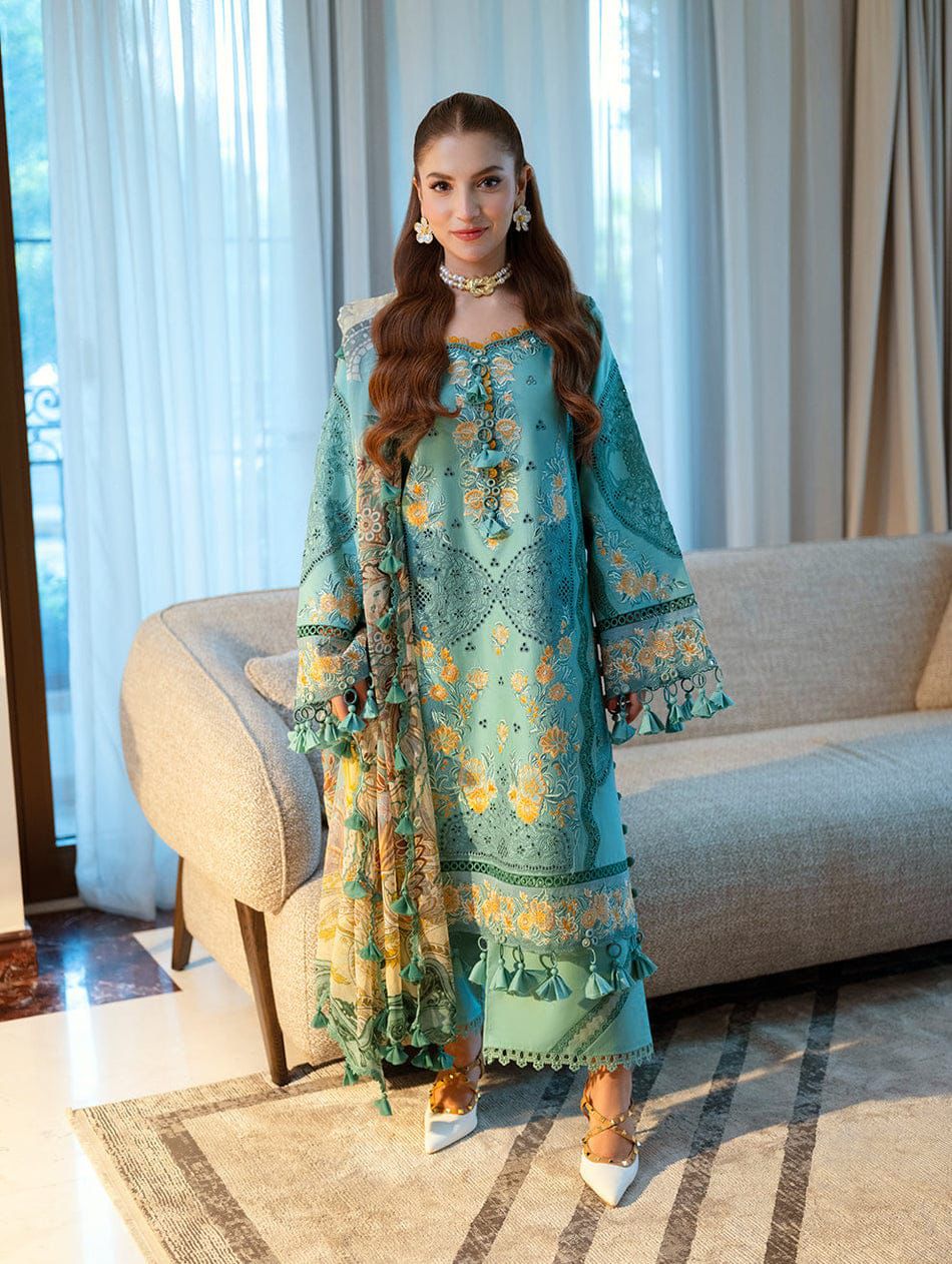 JADE-3PC LAWN CHIKANKAARI EMBROIDERED SHIRT WITH CHIFFON PRINTED DUPATTA AND TROUSER-DPC-4788