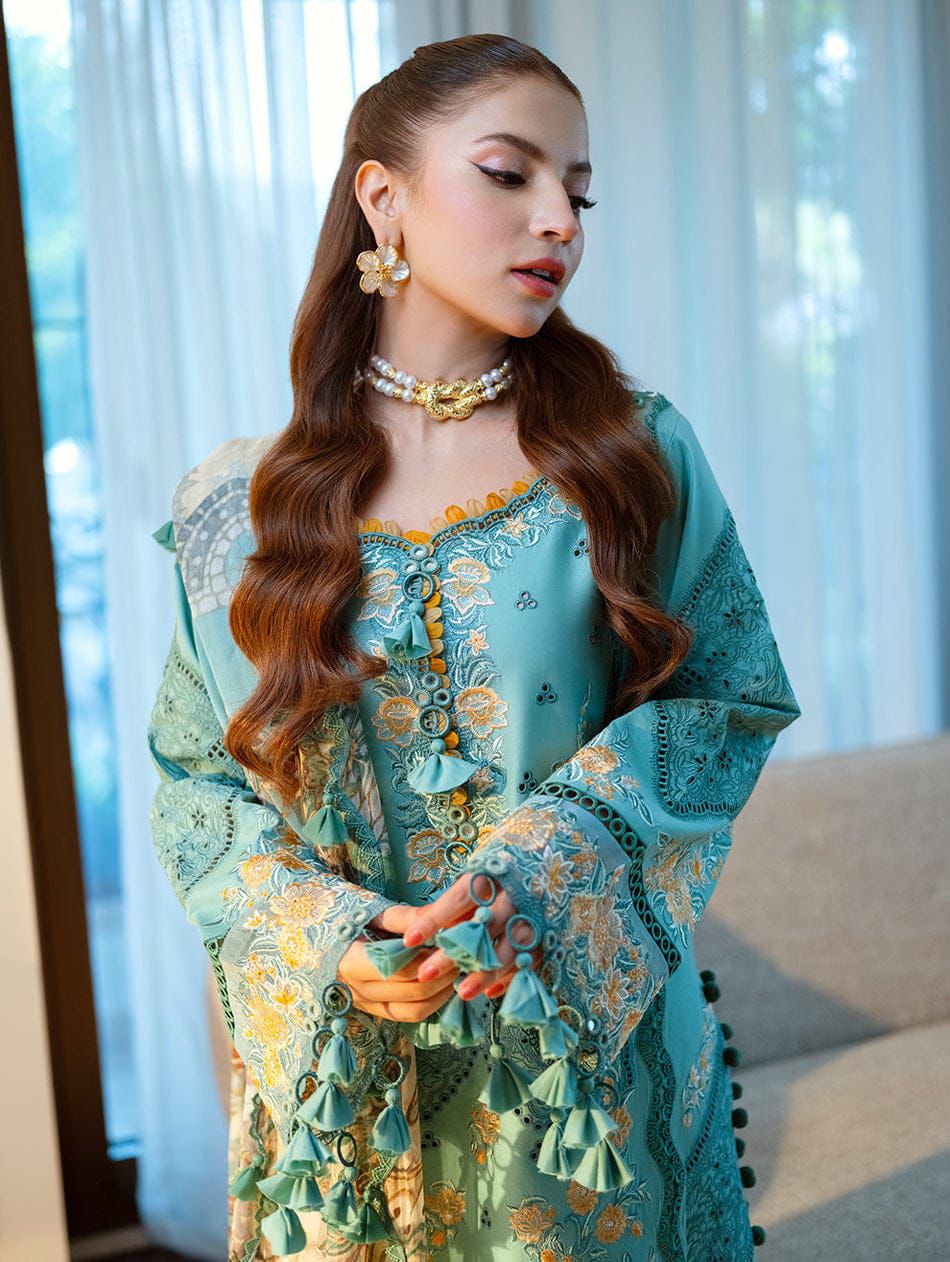 JADE-3PC LAWN CHIKANKAARI EMBROIDERED SHIRT WITH CHIFFON PRINTED DUPATTA AND TROUSER-DPC-4788