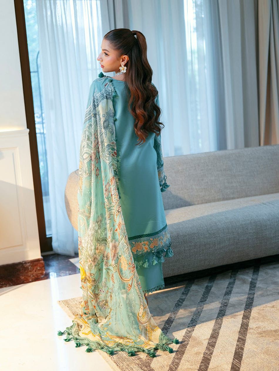 JADE-3PC LAWN CHIKANKAARI EMBROIDERED SHIRT WITH CHIFFON PRINTED DUPATTA AND TROUSER-DPC-4788