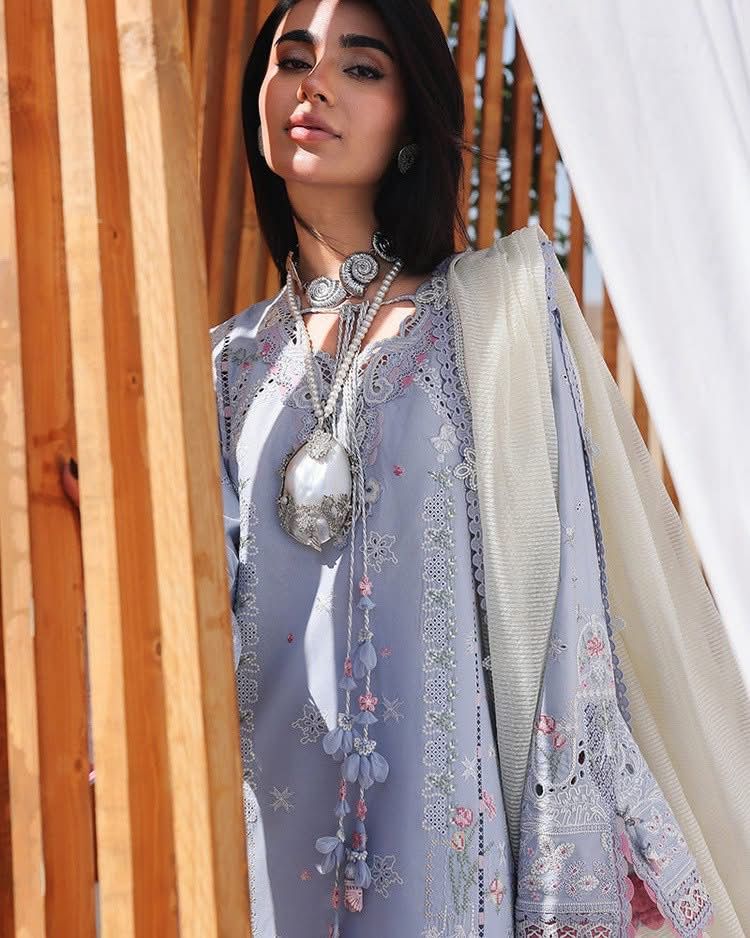 QALAMQAR-3PC LAWN CHIKANKAARI EMBROIDERED SHIRT WITH KHAADI NET EMBROIDERED DUPATTA AND TROUSER-DPC-4791