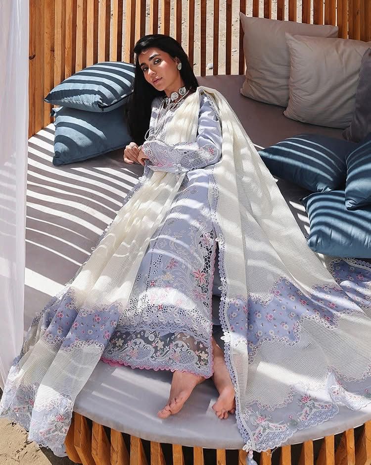 QALAMQAR-3PC LAWN CHIKANKAARI EMBROIDERED SHIRT WITH KHAADI NET EMBROIDERED DUPATTA AND TROUSER-DPC-4791