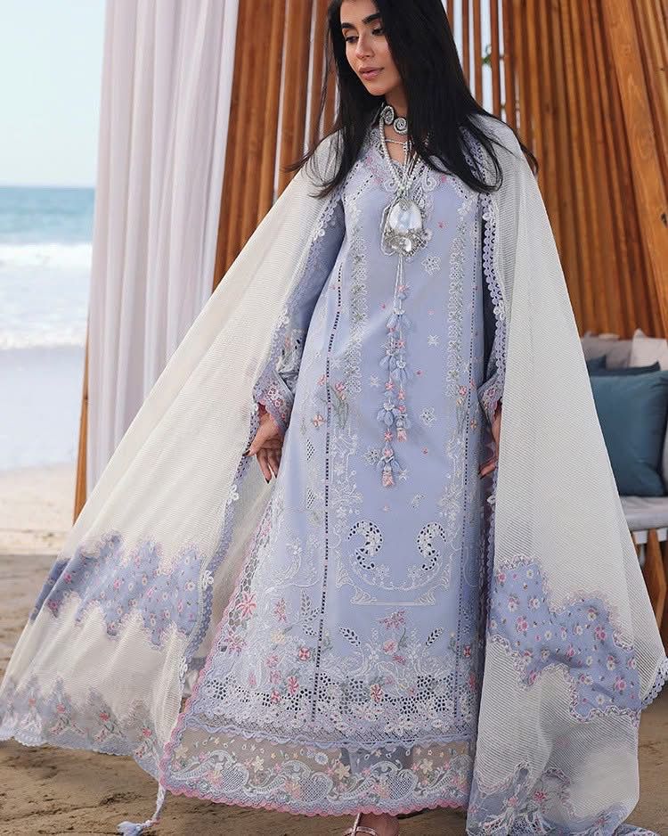 QALAMQAR-3PC LAWN CHIKANKAARI EMBROIDERED SHIRT WITH KHAADI NET EMBROIDERED DUPATTA AND TROUSER-DPC-4791