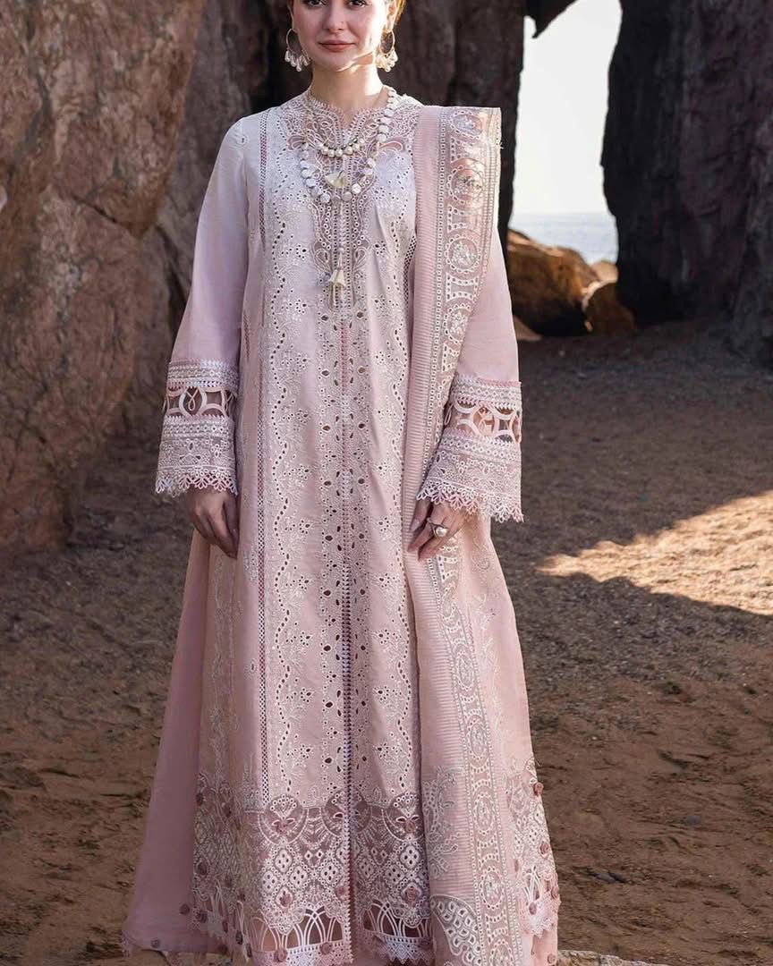 QALAMQAR-3PC LAWN LASERCUTWORK EMBROIDERED SHIRT WITH KHAADI NET EMBROIDERED DUPATTA AND TROUSER-DPC-4726