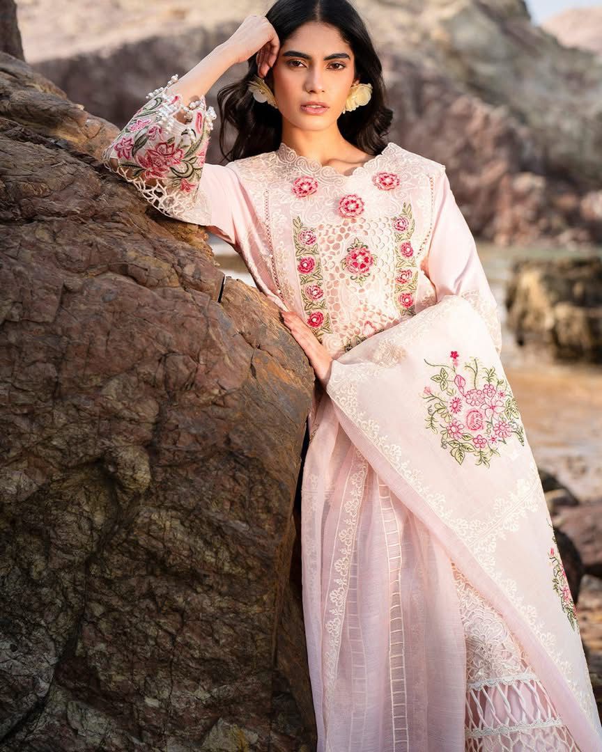 MAHNUR-3PC LAWN LASER WORK EMBROIDERED SHIRT WITH KHAADI NET EMBROIDERED DUPATTA AND TROUSER-DPC-4762