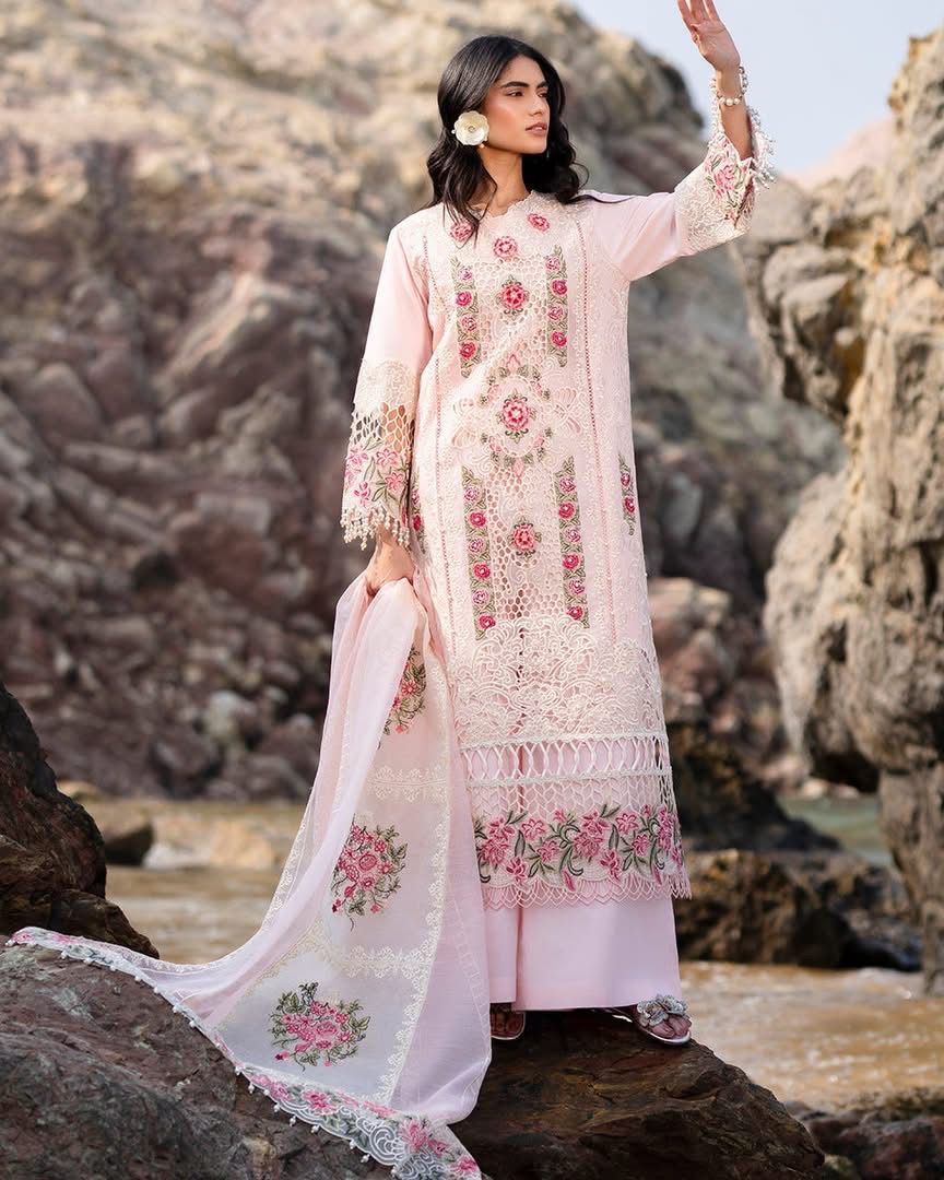 MAHNUR-3PC LAWN LASER WORK EMBROIDERED SHIRT WITH KHAADI NET EMBROIDERED DUPATTA AND TROUSER-DPC-4762