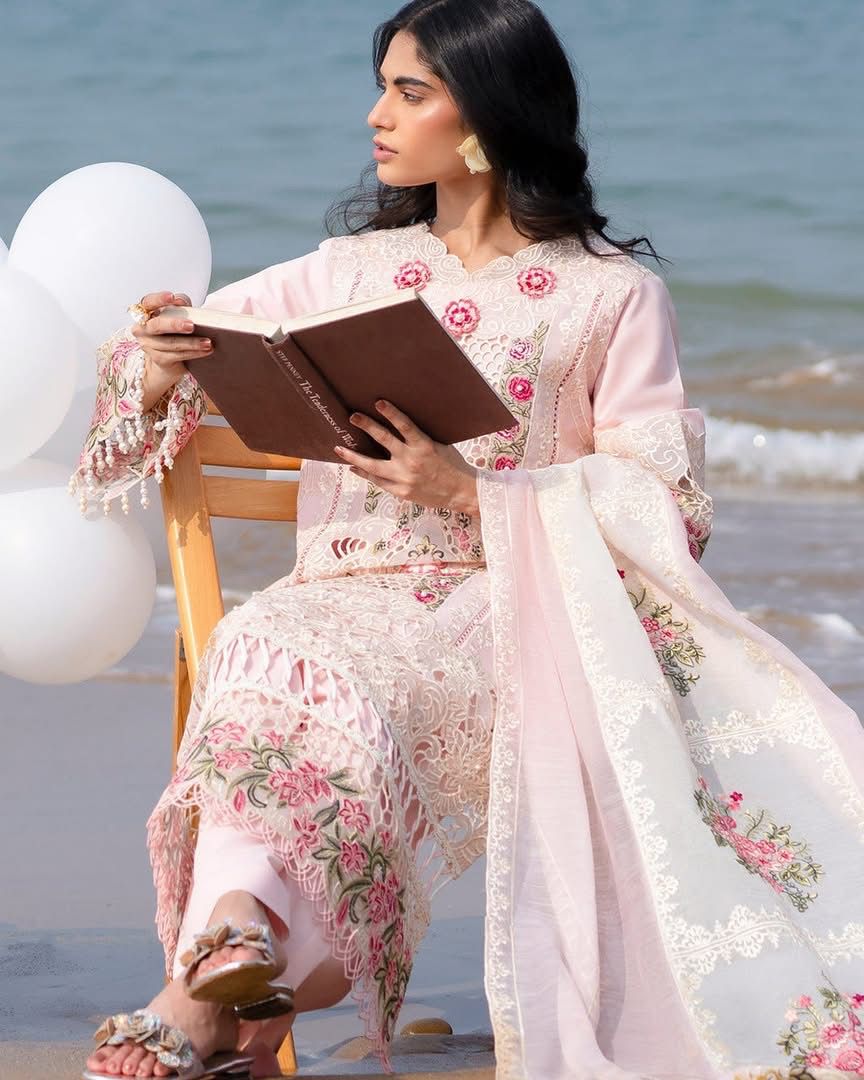 MAHNUR-3PC LAWN LASER WORK EMBROIDERED SHIRT WITH KHAADI NET EMBROIDERED DUPATTA AND TROUSER-DPC-4762