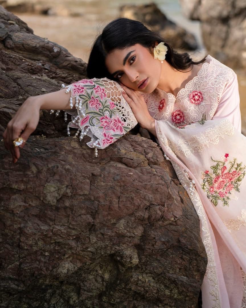 MAHNUR-3PC LAWN LASER WORK EMBROIDERED SHIRT WITH KHAADI NET EMBROIDERED DUPATTA AND TROUSER-DPC-4762
