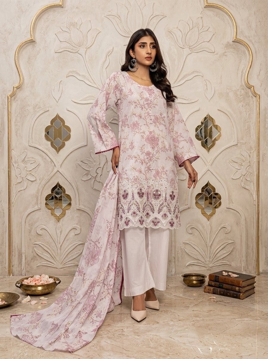 KAYSERIA-3PC LAWN PRINTED CUTWORK EMBROIDERY SHIRT WITH LAWN PRINTED DUPATTA AND AIRJET DYED TROUSER AHZ-0001