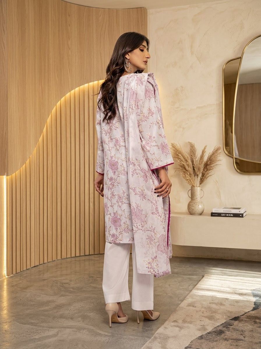 KAYSERIA-3PC LAWN PRINTED CUTWORK EMBROIDERY SHIRT WITH LAWN PRINTED DUPATTA AND AIRJET DYED TROUSER AHZ-0001